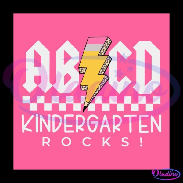 A pink graphic features chunky white text reading "ABCD" with a yellow lightning bolt decorated with leopard print between the "B" and "C." Below, the text "KINDERGARTEN ROCKS!" appears in playful white fonts with a checkered pattern in between.