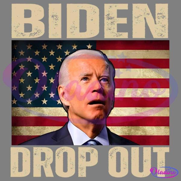 An image of a man in a suit and tie standing in front of the American flag. The text above and below him reads "BIDEN" and "DROP OUT" respectively, in large, bold, distressed letters.