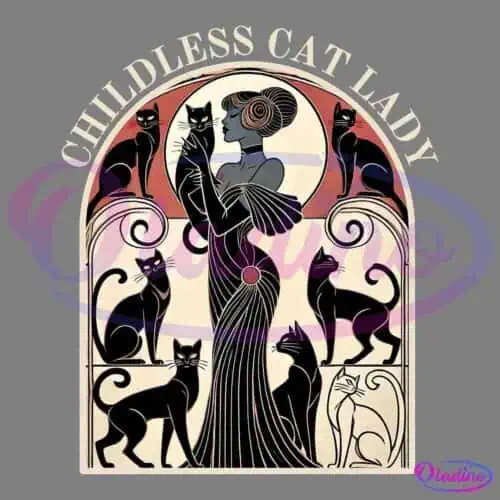 Art Deco style illustration featuring a woman in an elegant gown holding a cat, surrounded by several other cats. The image uses a limited color palette with black, red, and beige tones, and features intricate, flowing lines and patterns typical of the Art Deco period.