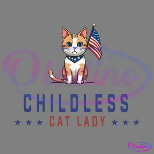 Cartoon of a cat with a U.S. flag wrapped around its body and a small flag in its paw, sitting above text that reads "Childless Cat Lady" in bold letters. The background is white, and the text features stars and a red, white, and blue color scheme.