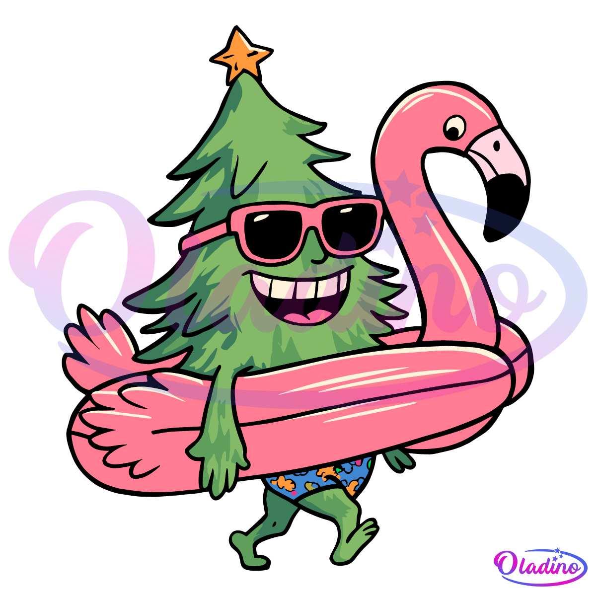A cheerful, cartoonish Christmas tree wearing sunglasses and floral swim trunks walks while carrying an inflatable pink flamingo pool float. The tree has a star on top and a big smile, creating a fun juxtaposition of summer and holiday themes.