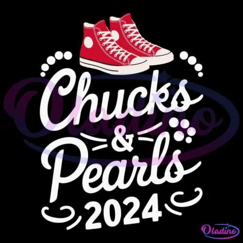 An illustration featuring a pair of red high-top sneakers above the text "Chucks & Pearls 2024" in a playful, cursive font. White dots resembling pearls are scattered around the text, adding a decorative touch. The background is black.