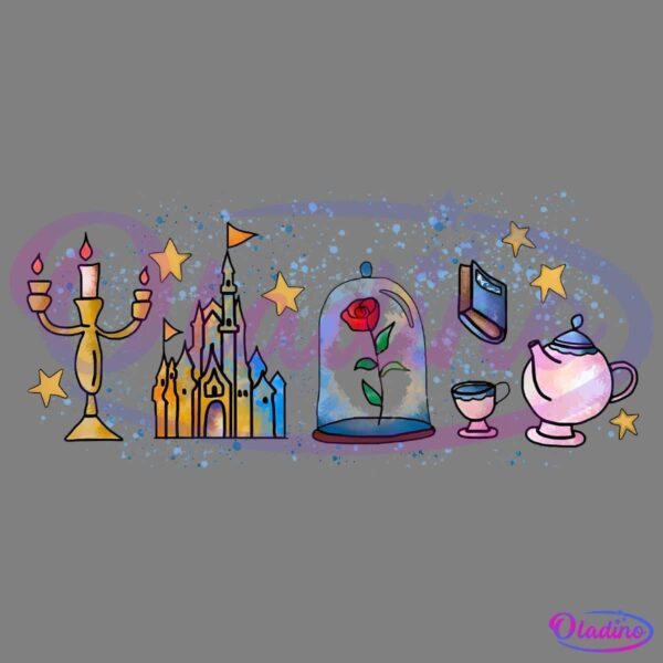 Illustration featuring a candelabra, a castle, an enchanted rose in a glass dome, a book, a teacup, and a teapot against a starry night background. The items are reminiscent of the "Beauty and the Beast" theme.