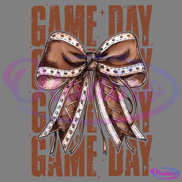 A large, brown and white ribbon bow, resembling a football with stitching details, is prominently featured. The background has the repeated phrase "GAME DAY" in bold, distressed letters with a star pattern.