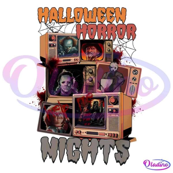 A poster for Halloween Horror Nights featuring vintage TVs displaying horror characters. The words "Halloween Horror Nights" are written in a spooky font at the top and bottom. Elements like cobwebs, blood, and creepy images create a chilling atmosphere.