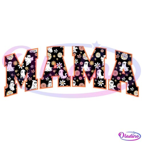 Text "MAMA" in large, bold letters filled with a Halloween-themed pattern of ghosts, orange flowers, and white daisies. The letters have orange outlines, and the background is black.