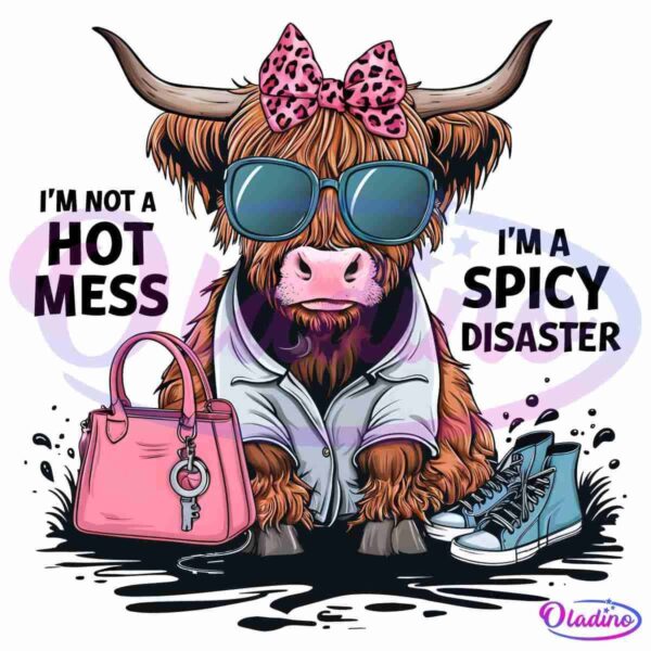 Illustration of a Highland cow sitting down, wearing a white shirt, large blue sunglasses, and a pink bow with black leopard print. The cow is surrounded by a pink handbag with a keychain on it and a pair of blue high-top sneakers. The background is black.