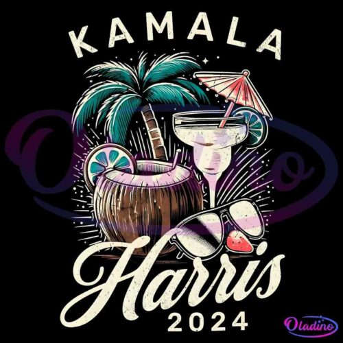 A tropical-themed graphic with the text "Kamala Harris 2024." It features a palm tree, a coconut drink with lime slices, a cocktail with an umbrella, and sunglasses with a heart reflection. The design has a vintage, beach-inspired style.