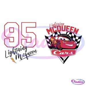 Image showing two elements: on the left, a large red number "95" with a subtle black signature of "Lightning McQueen"; on the right, a colorful badge featuring Lightning McQueen, a red animated car from the "Cars" movie, with checkered flags and "Lightning McQueen" text.