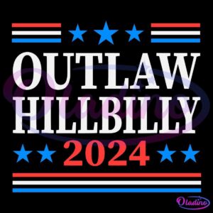 A graphic with the text "OUTLAW HILLBILLY 2024" in white and red letters, surrounded by red, white, and blue stripes and stars on a black background.