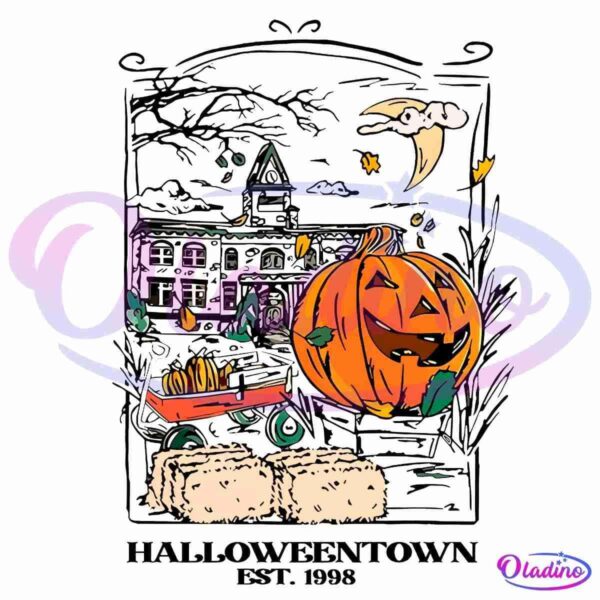 A spooky Halloween illustration with a haunted house, a large carved pumpkin with a mischievous expression, a red wagon filled with pumpkins, and a crescent moon with a face. The text below reads "Halloweentown Est. 1998.