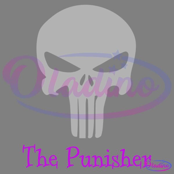 A grey skull emblem with menacing black eye sockets and nostrils, resembling a stylized, elongated human skull. Beneath the skull, in purple font, are the words "The Punisher." The background is black.