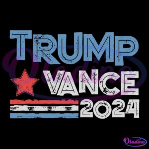 A campaign logo with the text "Trump Vance 2024" in bold, distressed lettering. The word "Trump" is in blue, "Vance" is in white, and "2024" is in grey. A red star is placed between "Trump" and "Vance," above a striped pattern with red, white, and blue horizontal lines.