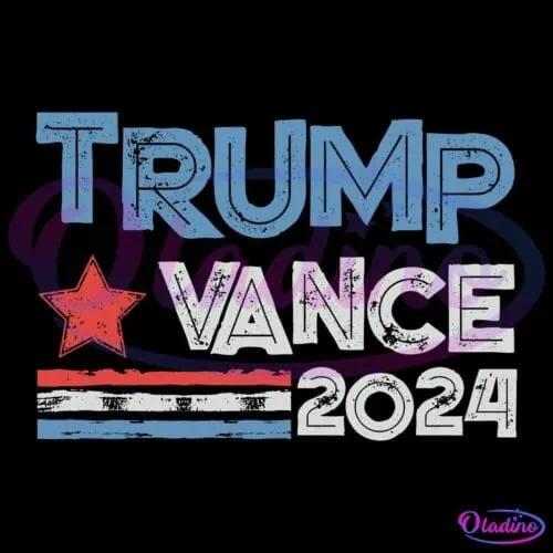 A campaign logo with the text "Trump Vance 2024" in bold, distressed lettering. The word "Trump" is in blue, "Vance" is in white, and "2024" is in grey. A red star is placed between "Trump" and "Vance," above a striped pattern with red, white, and blue horizontal lines.