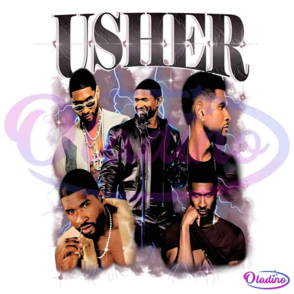 A collage featuring five different images of a stylish man posing in various outfits set against a backdrop of subtle lightning effects with his name, "USHER," in large, bold letters at the top.