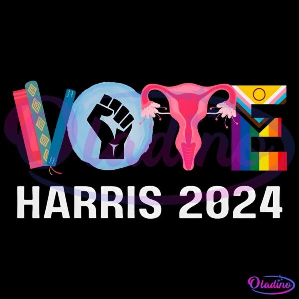 The image shows the word "VOTE" where each letter is creatively illustrated with different symbols. The "V" is made of books, the "O" is a raised fist, the "T" is a uterus, and the "E" features LGBTQ+ and indigenous flags. Below, it says "Harris 2024".