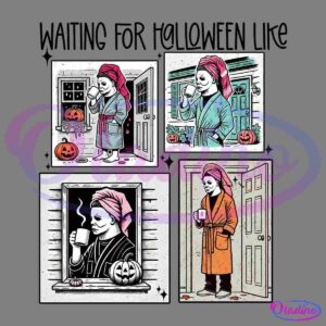 Comic-style images of a person with a face mask, bathrobe, and towel turban. The person holds a cup near a door/jack-o'-lantern in each frame, suggesting they are waiting. The backgrounds include Halloween decorations like pumpkins and autumn leaves.