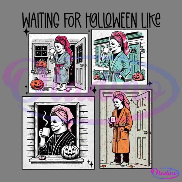 Comic-style images of a person with a face mask, bathrobe, and towel turban. The person holds a cup near a door/jack-o'-lantern in each frame, suggesting they are waiting. The backgrounds include Halloween decorations like pumpkins and autumn leaves.