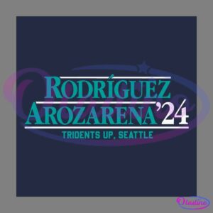 A graphic with a navy blue background featuring the text "Rodríguez Arozarena '24" in bold, teal and white letters. Below, it reads "Tridents Up, Seattle" in smaller, teal letters.