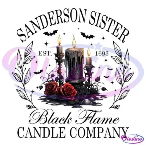 An illustration features three gothic candles, with one burning black flame, surrounded by thorns and red roses. Bats and decorative elements emphasize the Halloween theme. Text reads "Sanderson Sister Candle Company, Est. 1693, Black Flame Candle Company.