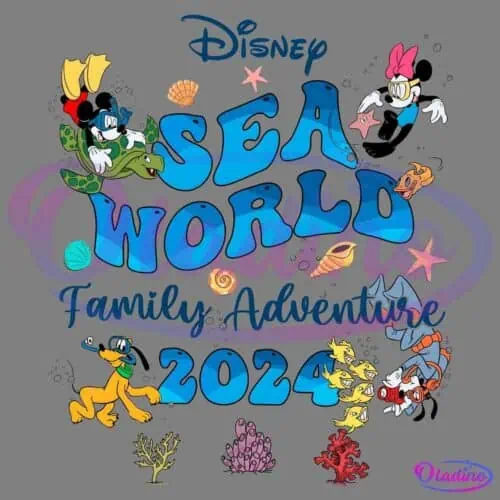 Illustrated event poster for "Disney Sea World Family Adventure 2024" featuring various Disney characters. Mickey and Minnie Mouse are swimming with a turtle and a crab. Goofy is diving, and Donald Duck is snorkeling. Colorful sea plants and fish surround the text.