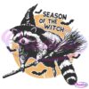 Illustration of a raccoon wearing a witch's hat, sitting on a broomstick, with a full moon and flying bats in the background. The text "Season of the Witch" is written above the raccoon.