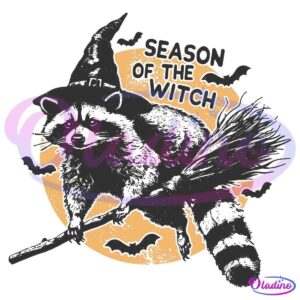 Illustration of a raccoon wearing a witch's hat, sitting on a broomstick, with a full moon and flying bats in the background. The text "Season of the Witch" is written above the raccoon.