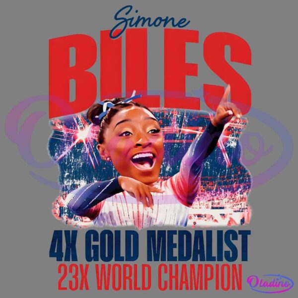 A jubilant gymnast raises her arm in celebration against a background of a gymnasium. Large, bold text above her reads "Simone Biles," with additional text below stating "4x Gold Medalist" and "23x World Champion.