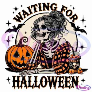 Illustration of a skeleton with long hair in a bun, wearing a checkered shirt, sitting next to a carved pumpkin. The skeleton rests its chin on its hand, with a cup labeled "COFFEE" nearby. Text reads "Waiting for Halloween.