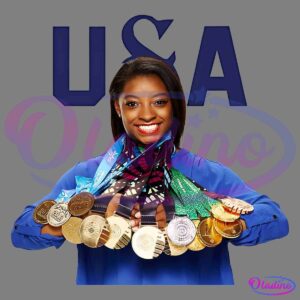 A woman in a blue shirt holds an array of gold medals, each with colorful ribbons, around her neck. The letters "USA" are prominently displayed behind her. She smiles confidently, showcasing her achievements.