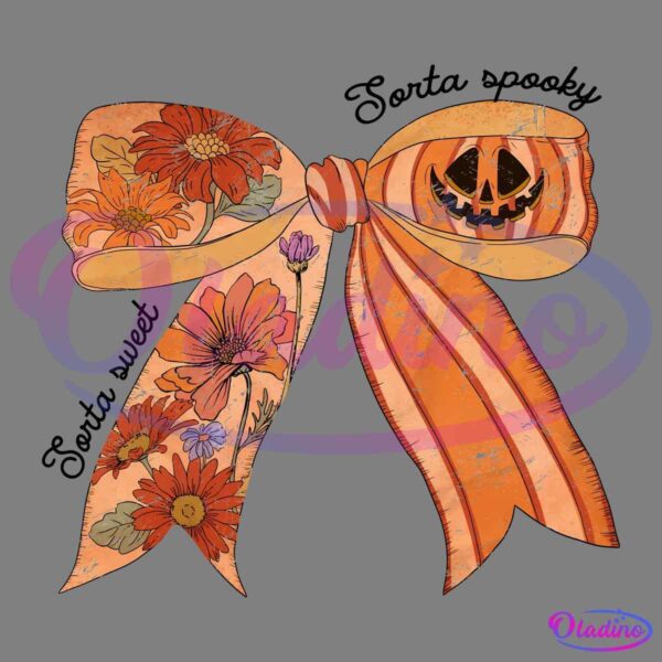 Illustration of an orange bow adorned with flowers and a jack-o'-lantern. Text reads "Sorta sweet" on one ribbon and "Sorta spooky" on the other. One side of the bow is decorated with a jack-o'-lantern, while the other side is covered in various flowers.