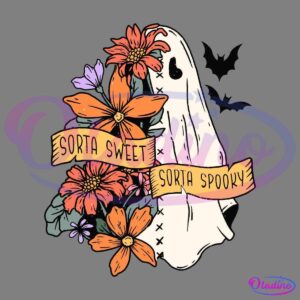 Illustration of a ghost draped in a white sheet with a black heart cutout for an eye, surrounded by orange and pink flowers. Two bats fly in the background. Banners reading "Sorta Sweet" and "Sorta Spooky" are incorporated into the floral arrangement.