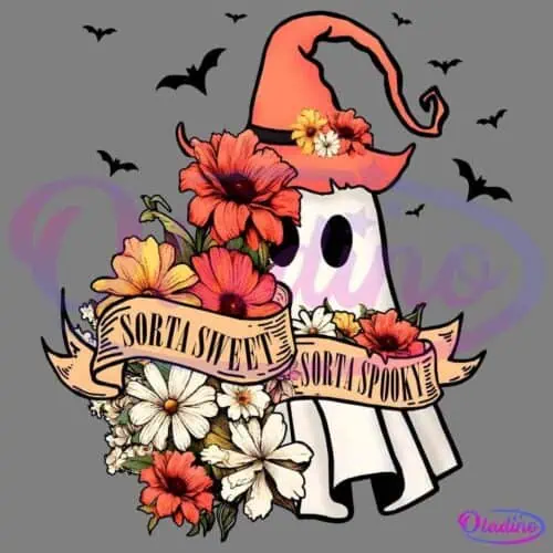 A cute ghost wearing an orange hat surrounded by vibrant flowers, holding a banner that reads "Sorta Sweet, Sorta Spooky" against a black background.