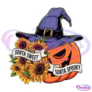 A jack-o'-lantern grinning mischievously while wearing a whimsical, crooked witch hat. Beside it, a bouquet of sunflowers includes two banners that say "Sorta Sweet" and "Sorta Spooky," capturing a playful combination of autumnal charm and Halloween spirit.