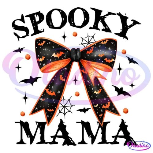 A decorative black and orange Halloween-themed bow. The intricate design features small bats, stars, and dots on the black portion, with a solid orange inner ribbon. Six small orange dots surround the bow, completing the festive look.