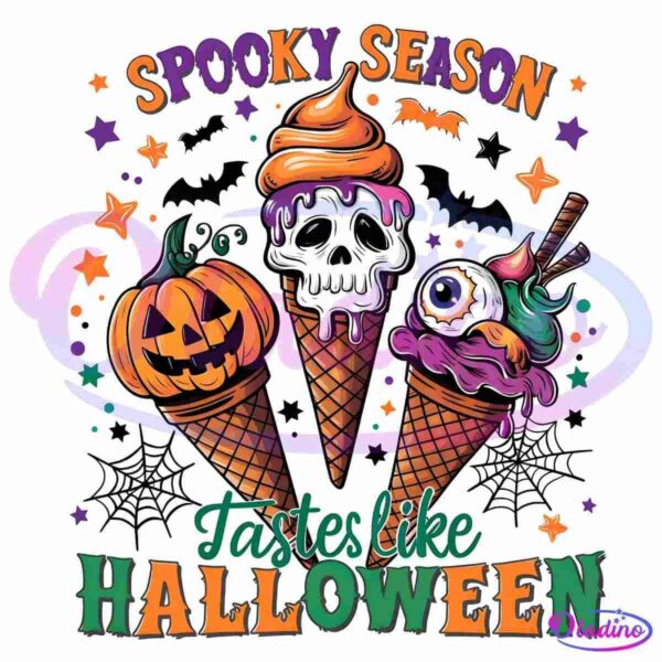 Colorful illustration featuring three Halloween-themed ice cream cones: a jack-o'-lantern cone, a skull-topped cone, and a cone with a monster eye and candy sticks. Text reads "Spooky Season Tastes like Halloween" with bats, stars, and spiderwebs decorating the background.