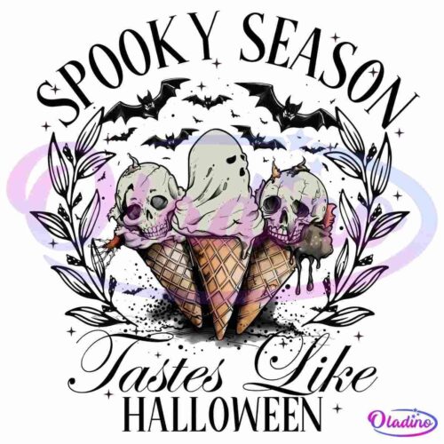 The image features three ice cream cones with skulls and a ghost-like figure as the scoops, surrounded by bats and branches. The text above reads "SPOOKY SEASON," and below it says "Tastes Like HALLOWEEN." The design blends eerie and festive Halloween motifs.