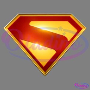 A stylized red and yellow "S" emblem inside a diamond-shaped outline, often recognized as the Superman symbol, with a glossy finish and a slight shine reflecting light. The symbol is centered on a white background.