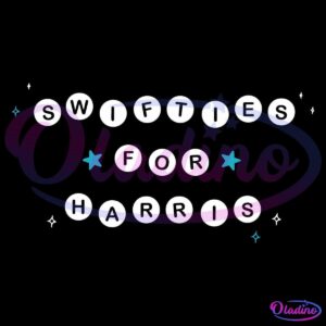 The image features text that reads "Swifties for Harris" in white circular bubbles arranged on a black background. Blue stars and small sparkles are scattered around the text.