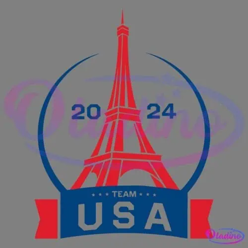 Team USA logo for the 2024 Paris Olympics featuring a stylized, red Eiffel Tower inside a blue circular frame. The numbers "20" and "24" flank the tower, with a red banner at the bottom displaying "Team USA" in blue capital letters.