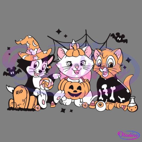 Three cute cartoon cats dressed in Halloween costumes. One wears a witch hat, another a pumpkin outfit, and the third has a skeleton pattern. They are surrounded by Halloween treats, a pumpkin, and a tombstone, with a spider web in the background.