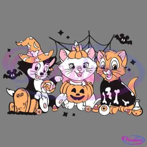 Three cute cartoon cats dressed in Halloween costumes. One wears a witch hat, another a pumpkin outfit, and the third has a skeleton pattern. They are surrounded by Halloween treats, a pumpkin, and a tombstone, with a spider web in the background.