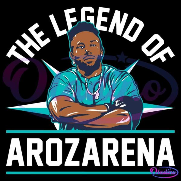 Illustration of a confident man with arms crossed, wearing a teal shirt. The text "THE LEGEND OF AROZARENA" is written in white around and below the image. The background consists of a teal and white starburst design.