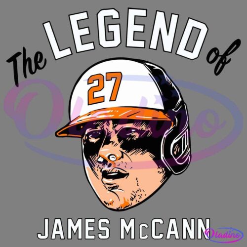 Illustration of a baseball player wearing a helmet with the number 27 and "The Legend of James McCann" written above and below the image. The background is black, and the text and image are in white, orange, and black.