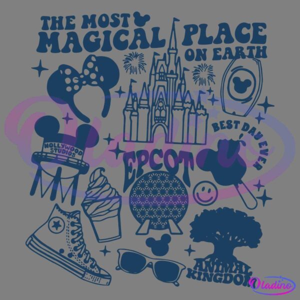 A whimsical graphic features various Disney theme park elements such as Cinderella's castle, Mickey ears, an ice cream cone, sunglasses, fireworks, a Converse sneaker, the Tree of Life, and icons for Epcot and Hollywood Studios. Text reads "The Most Magical Place on Earth.