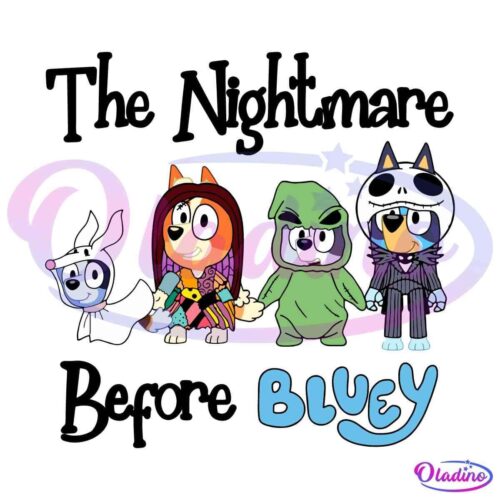 This image features four cartoon dog characters in Halloween costumes from the show "Bluey." The dog in the white ghost costume holds an object. Another dog in a colorful costume is next to a dog in a green outfit, followed by a character in a skeleton costume. The word "Bluey" is at the bottom.