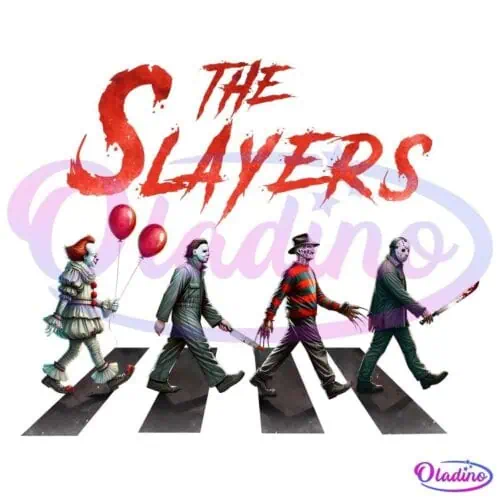 Four characters dressed as popular horror movie icons walk across a crosswalk in a style resembling the Beatles' "Abbey Road" album cover. Blood-red text above them reads "The Slayers." The characters include a clown with balloons and three others with signature weapons.