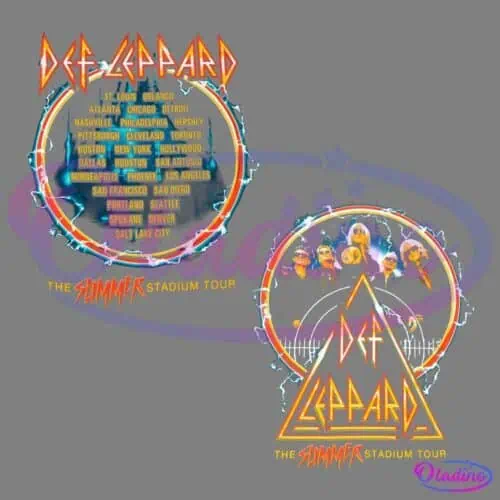 Text-based promotional image for Def Leppard's "The Summer Stadium Tour." The left side lists various tour locations in yellow font, while the right side features the band's logo, lightning graphics, and band members' faces within a circular design.