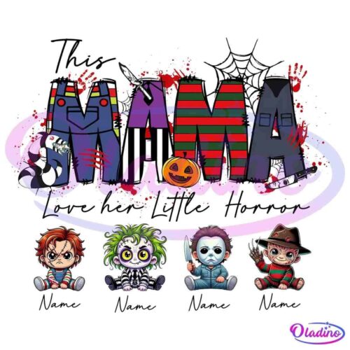 Colorful artwork spells "MAMA," with each letter designed to resemble a different horror character, featuring elements like stripes, knives, and a pumpkin. Below the letters, there are cute, chibi-style versions of popular horror figures sitting together.