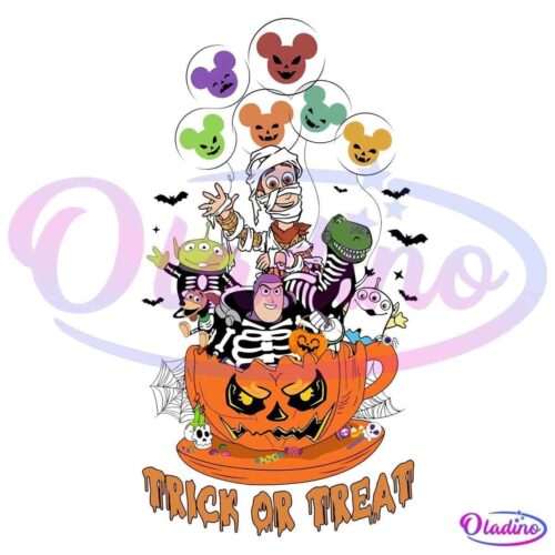 A cartoon Halloween scene shows children in costumes, including a mummy, playing with Halloween props. They are gathered around and inside an oversized orange teacup with a jack-o'-lantern face. Above, there are balloons shaped like Halloween characters. Text: "Trick or Treat".